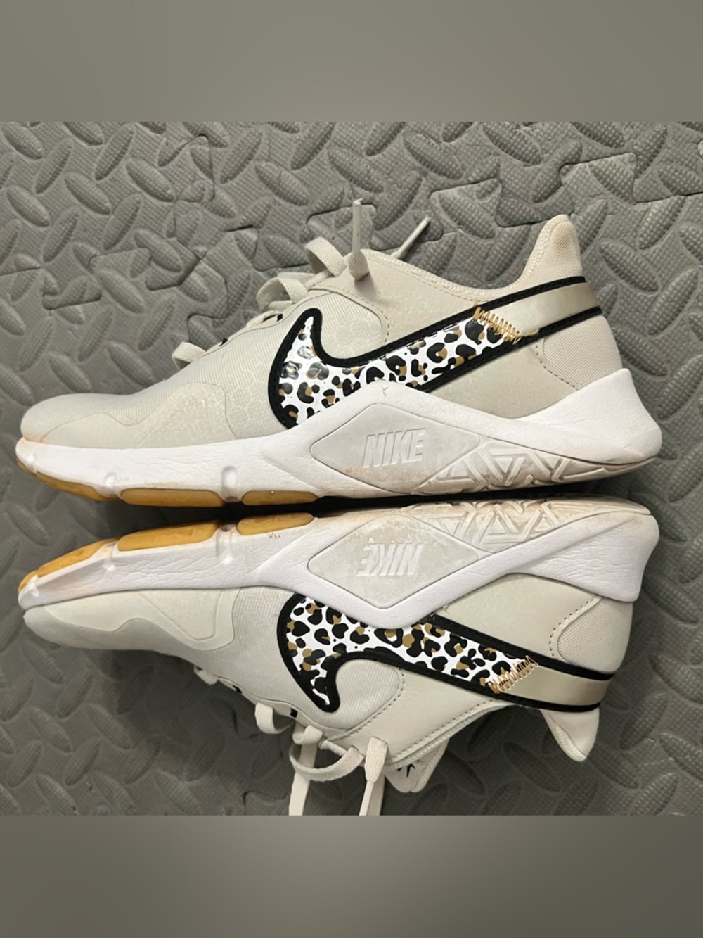 Nike Women’s Cream Athletic Sneakers with Leopard Swoosh and Black Trim size 8